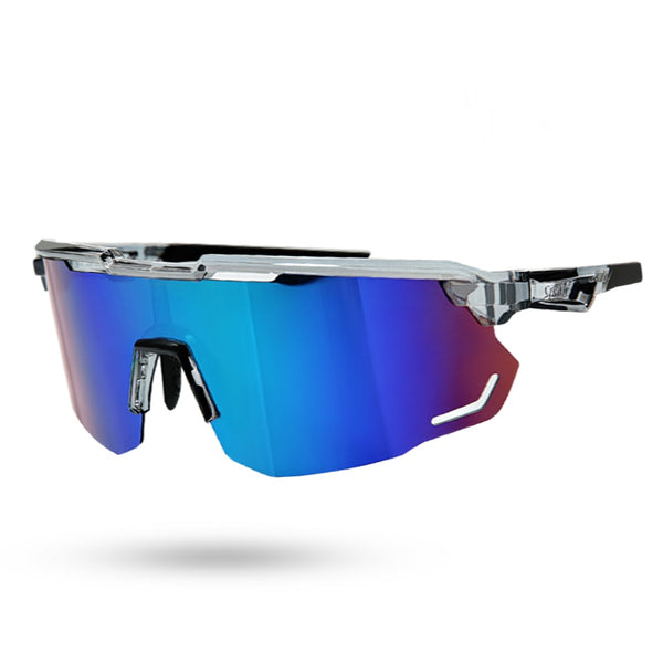 Stoozy sunglasses with grey frame and blue lens. Polarized running glasses - cheap running shades for sale - cool mountain biking sunglasses 