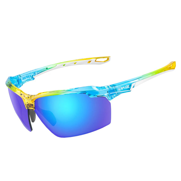 sporty fishing glasses to see in the water. Blue lens polarized glasses.