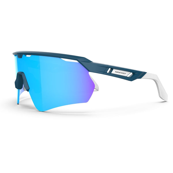 Spenny sunglasses, with blue lens and a wide frame