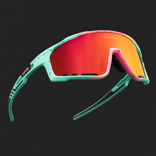 Polarized sport sunglasses with bright colored frame and orange lens. 