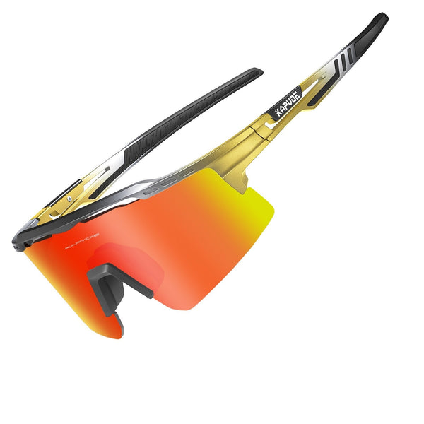 Golden shades. Outdoor sport glasses. Orange lens sunglasses for men. 